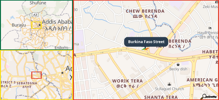 Map showing the address of Burkina Faso Street in three different zoom levels.