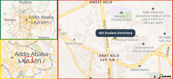 Map showing the address of 402 Student Dormitory in three different zoom levels.