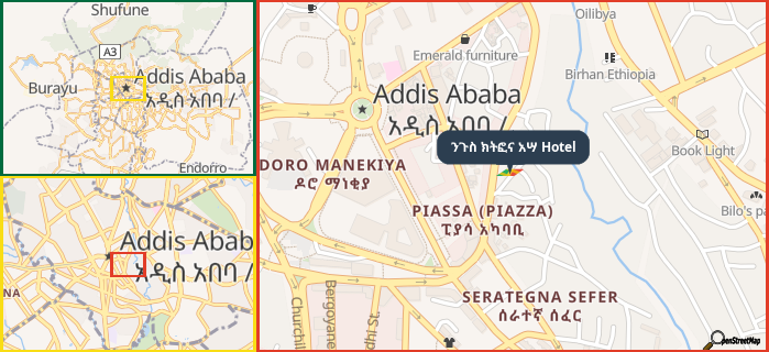 Map showing the address of ንጉስ ክትፎና አሣ Hotel in three different zoom levels.