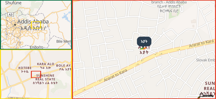 Map showing the address of አያት in three different zoom levels.