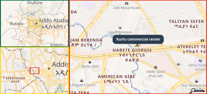 Map showing the address of Kurtu commercial center in three different zoom levels.