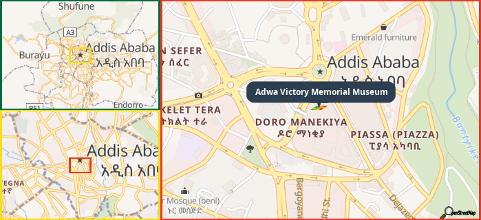 Map showing the address of Adwa Victory Memorial Museum in three different zoom levels.