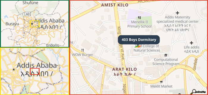 Map showing the address of 403 Boys Dormitory in three different zoom levels.