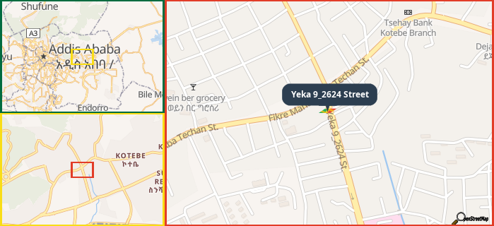 Map showing the address of Yeka 9_2624 Street in three different zoom levels.