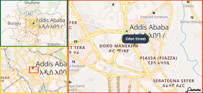 Map showing the address of Eden Street in three different zoom levels.