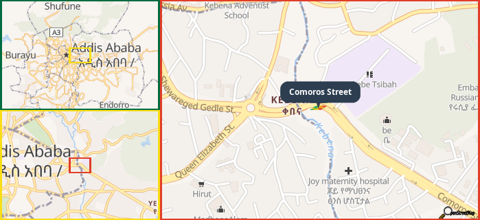 Map showing the address of Comoros Street in three different zoom levels.