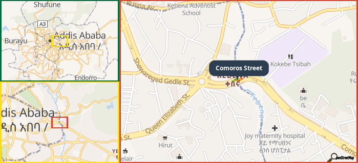 Map showing the address of Comoros Street in three different zoom levels.
