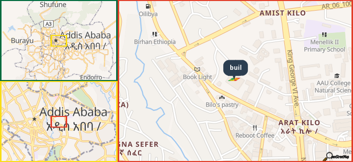 Map showing the address of buil in three different zoom levels.