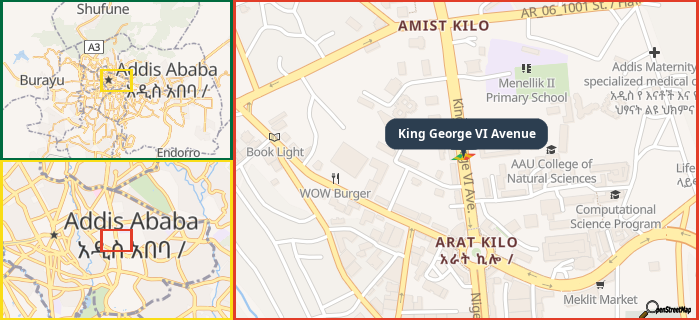 Map showing the address of King George VI Avenue in three different zoom levels.