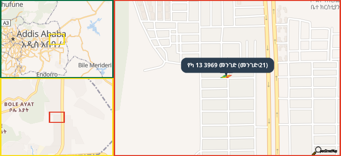 Map showing the address of የካ 13 3969 መንገድ (መንገድ፡21) in three different zoom levels.