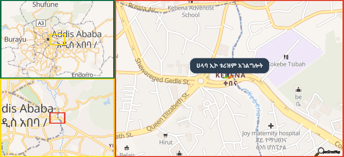 Map showing the address of ሀላባ ኢኮ ቱሪዝም አገልግሎት in three different zoom levels.