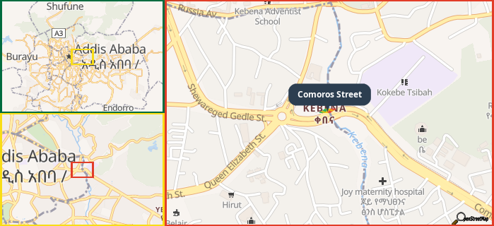 Map showing the address of Comoros Street in three different zoom levels.