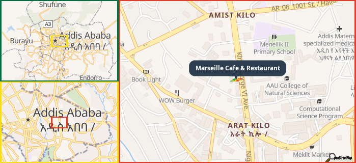 Map showing the address of Marseille Cafe & Restaurant in three different zoom levels.