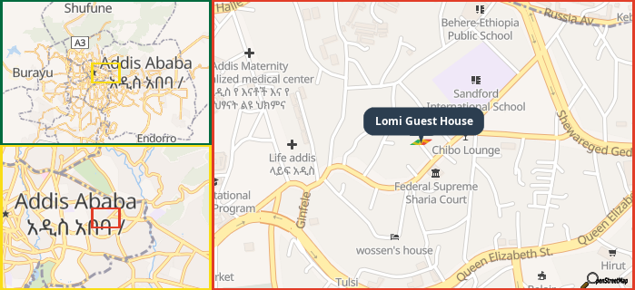 Map showing the address of Lomi Guest House in three different zoom levels.