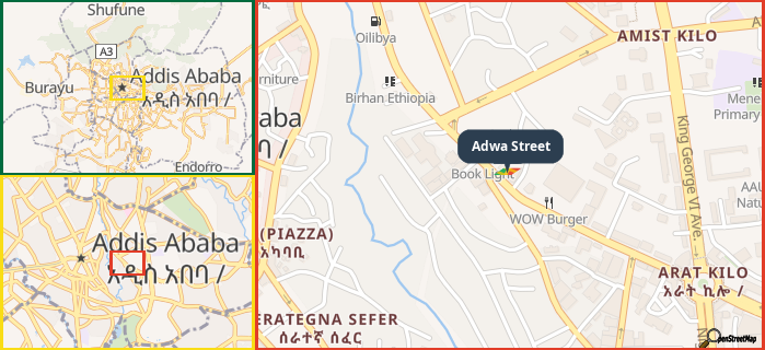 Map showing the address of Adwa Street in three different zoom levels.