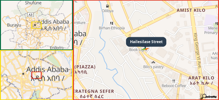 Map showing the address of Hailesilase Street in three different zoom levels.