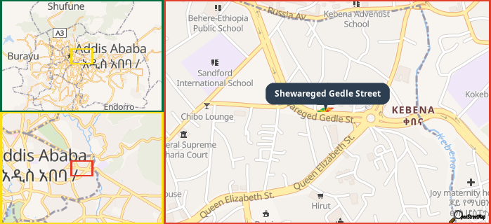 Map showing the address of Shewareged Gedle Street in three different zoom levels.