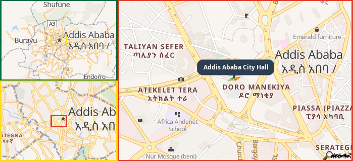 Map showing the address of Addis Ababa City Hall in three different zoom levels.