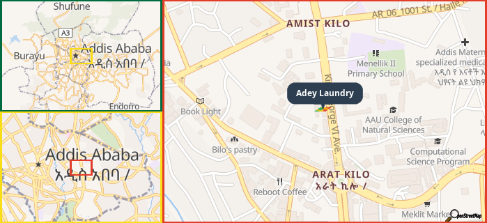 Map showing the address of Adey Laundry in three different zoom levels.