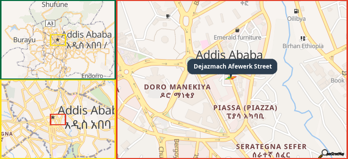 Map showing the address of Dejazmach Afewerk Street in three different zoom levels.