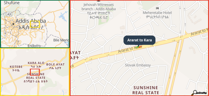 Map showing the address of Ararat to Kara in three different zoom levels.