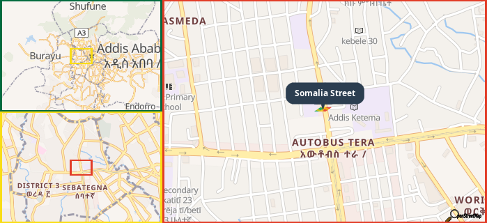 Map showing the address of Somalia Street in three different zoom levels.