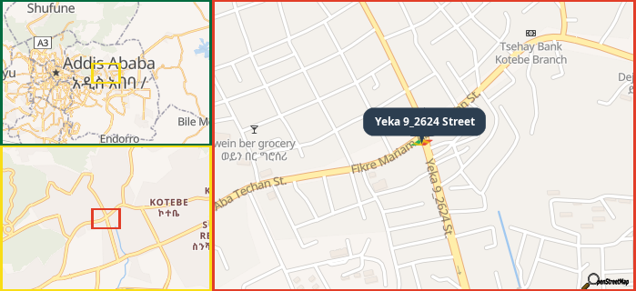 Map showing the address of Yeka 9_2624 Street in three different zoom levels.