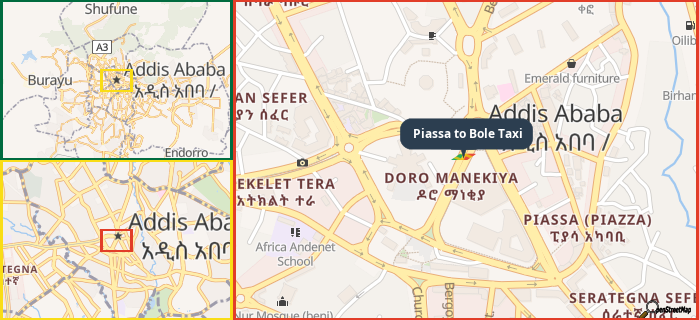 Map showing the address of Piassa to Bole Taxi in three different zoom levels.