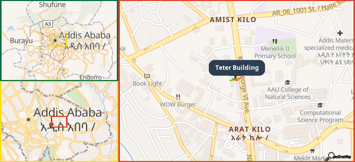 Map showing the address of Teter Building in three different zoom levels.