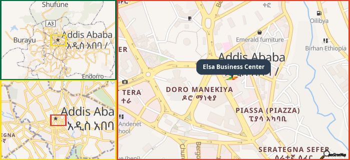 Map showing the address of Elsa Business Center in three different zoom levels.