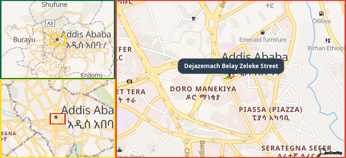 Map showing the address of Dejazemach Belay Zeleke Street in three different zoom levels.