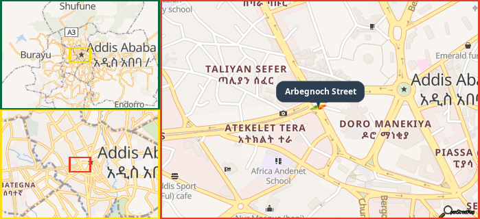 Map showing the address of Arbegnoch Street in three different zoom levels.