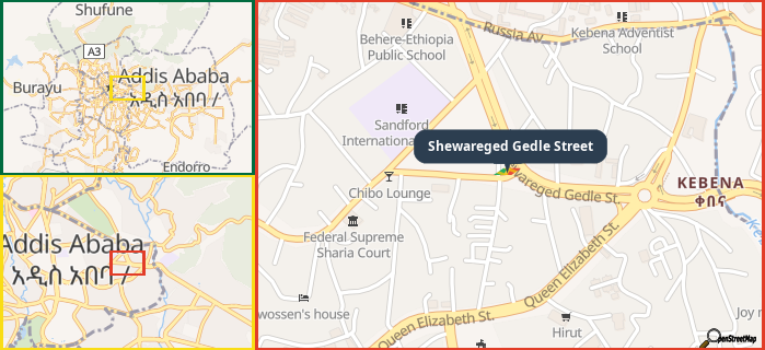 Map showing the address of Shewareged Gedle Street in three different zoom levels.