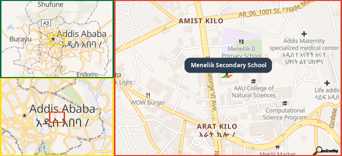 Map showing the address of Menelik Secondary School in three different zoom levels.