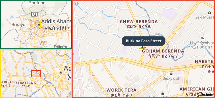 Map showing the address of Burkina Faso Street in three different zoom levels.