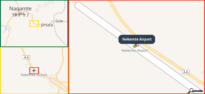 Map showing the address of Nekemte Airport in three different zoom levels.