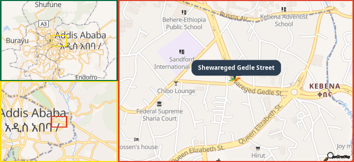 Map showing the address of Shewareged Gedle Street in three different zoom levels.