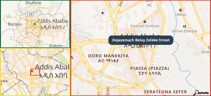 Map showing the address of Dejazemach Belay Zeleke Street in three different zoom levels.