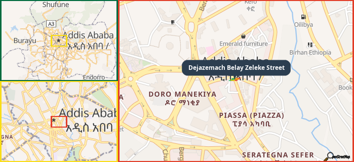 Map showing the address of Dejazemach Belay Zeleke Street in three different zoom levels.