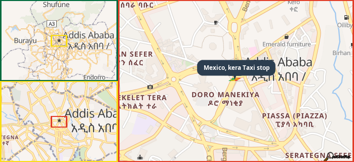 Map showing the address of Mexico, kera Taxi stop in three different zoom levels.