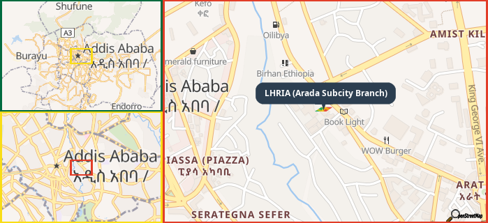 Map showing the address of LHRIA (Arada Subcity Branch) in three different zoom levels.