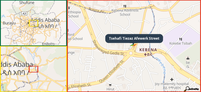 Map showing the address of Tsehafi Tiezaz Afewerk Street in three different zoom levels.