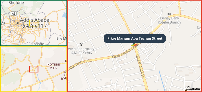 Map showing the address of Fikre Mariam Aba Techan Street in three different zoom levels.