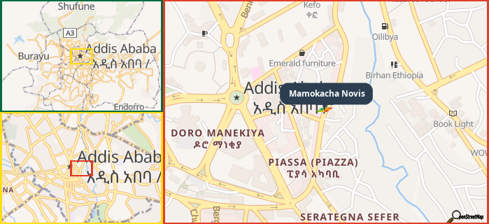 Map showing the address of Mamokacha Novis in three different zoom levels.