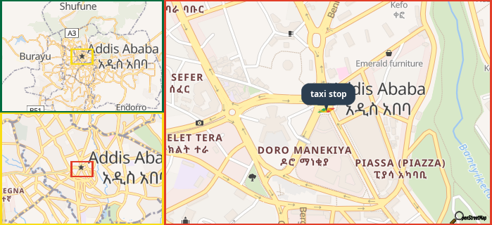 Map showing the address of taxi stop in three different zoom levels.
