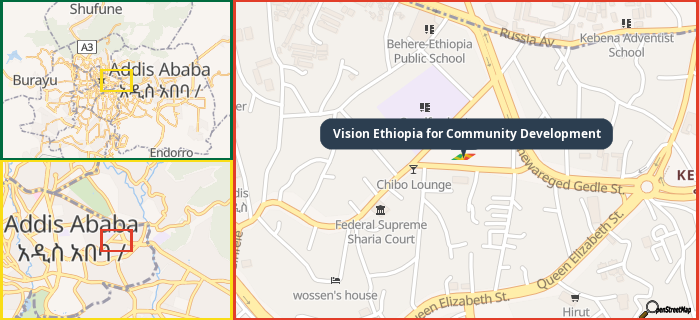 Map showing the address of Vision Ethiopia for Community Development in three different zoom levels.