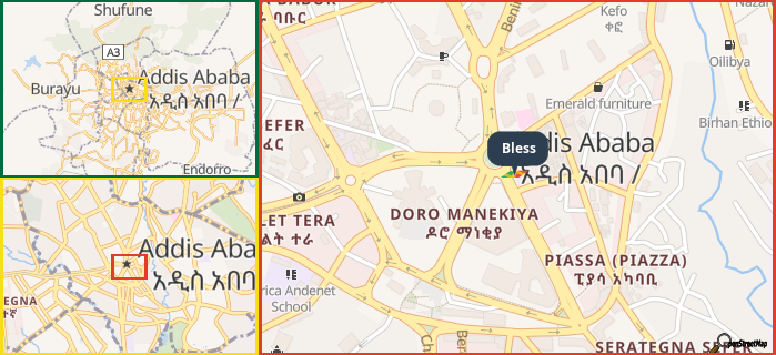 Map showing the address of Bless in three different zoom levels.