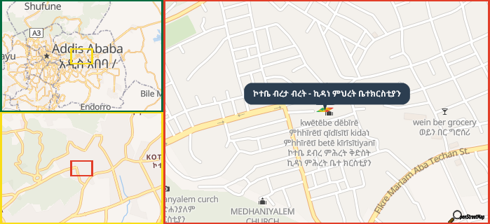 Map showing the address of ኮተቤ ብረታ ብረት - ኪዳነ ምህረት ቤተክርስቲያን in three different zoom levels.