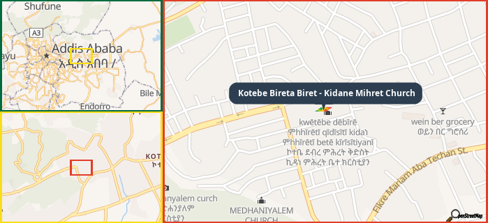 Map showing the address of Kotebe Bireta Biret - Kidane Mihret Church in three different zoom levels.