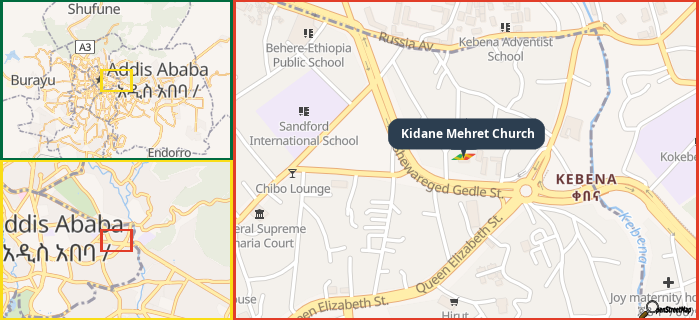 Map showing the address of Kidane Mehret Church in three different zoom levels.